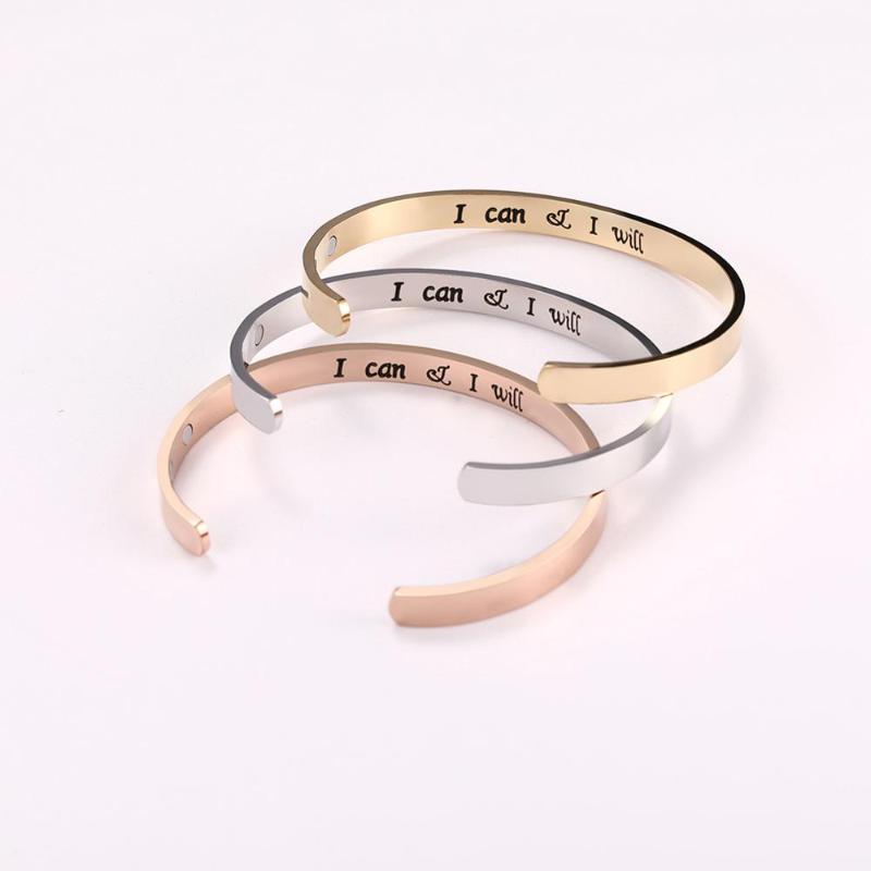 

Inspirational Language Bangle I Can & I Will European and American Fashion Stainless Steel Rose Gold Lettering Bracelet