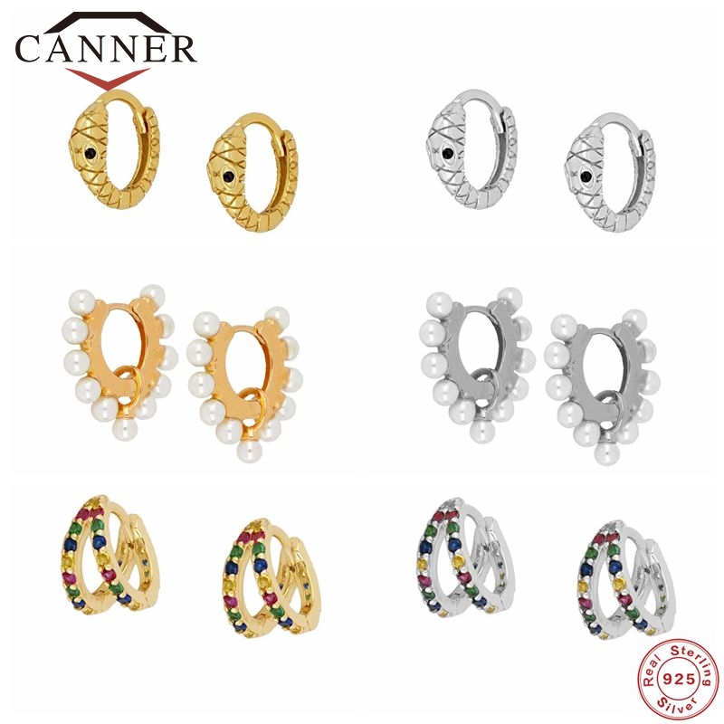 

CANNER 925 Sterling Silver Hoop Earrings for Women Piercing Earring Snake Pearl Colorful Earings Fine Jewelry Gift pendientes