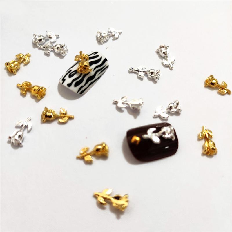 

50Pcs Tulips Nail Art Decorations Metal Charms Silver Gold Nails Accessoires Cute Florals Stud Spring 3d Rose Nailart Supply DIY