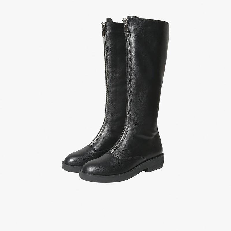 

KATELVADI Leather Boots Soild Knee High Round Toe Zipper Frount Square High Heel Women Shoes Fashion Winter Boots YLT-006, Black