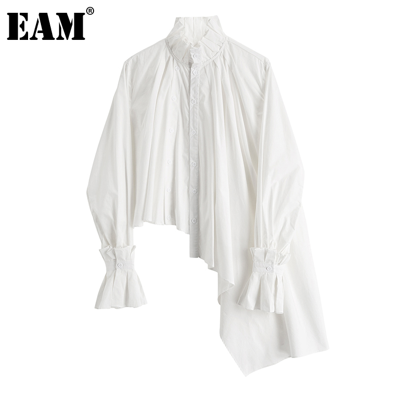 

EAM]Women White Irregular Pleated Vintage Blouse New Stand Collar Long Sleeve Loose Fit Shirt Fashion Spring Autumn 2020 1DA738