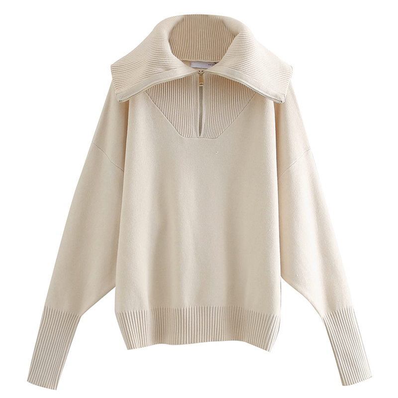 

Fandy Lokar Loose Turn Down Collar Sweaters Women Fashion Zipper Sweater Women Elegant Long Sleeve Sweaters Female Ladies HY, Hhsw4474beige