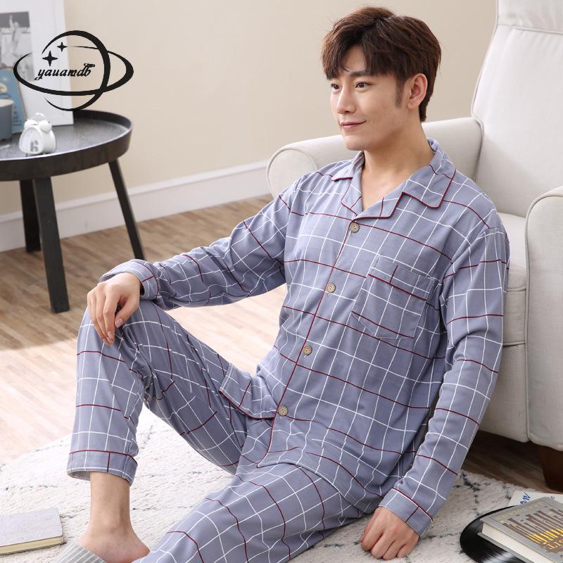 

size -3XL mens Pajama Sets spring autumn male sleepwear suits clothing coat+pants 2pcs Elastic Waist Plaid man clothes h39, As picture