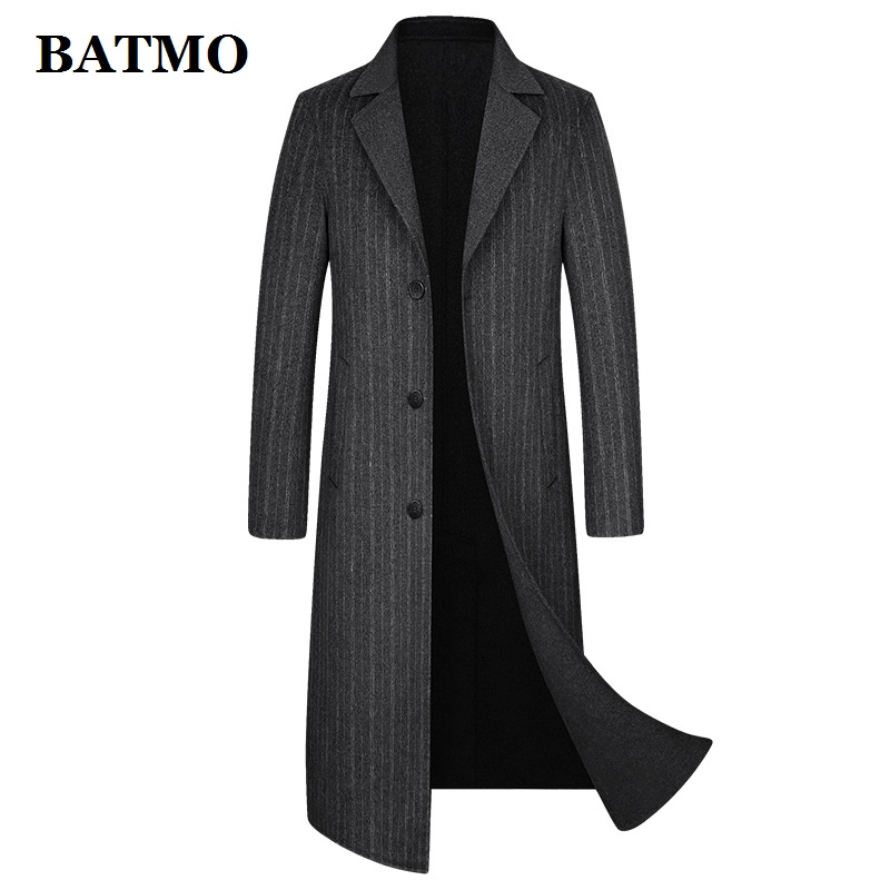 

BATMO 2020 new arrival autumn high quality wool X-long trench coat men,men's striped trench coat,wool jackets,9618, Black