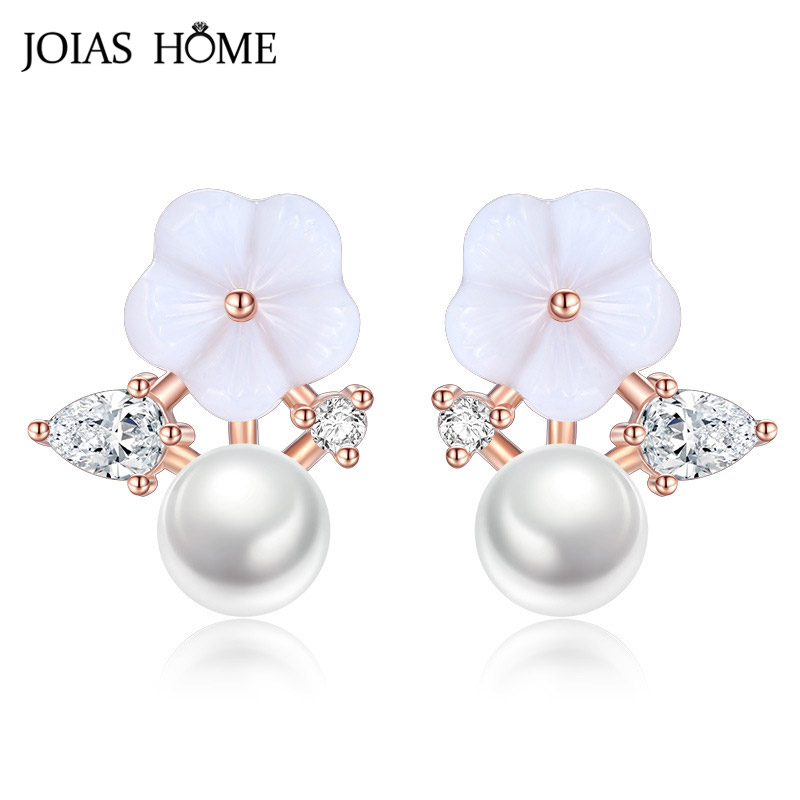 

JoiasHome Elegant Pearl Earrings for Women Silver 925 Jewelry Gemstones Fashion Female Ear Studs Rose Gold Color Flower Dating