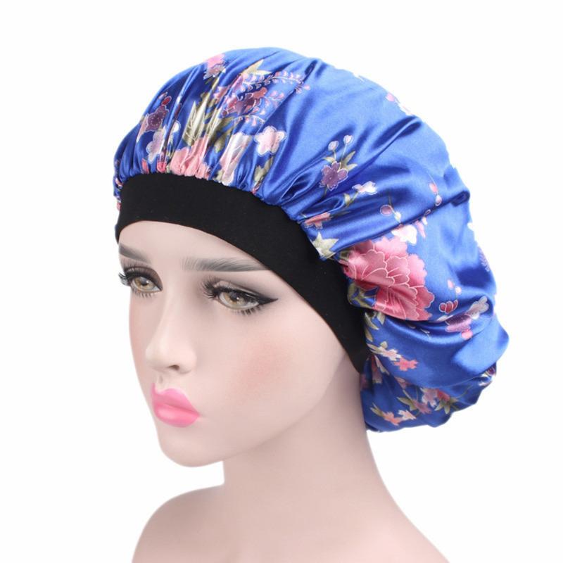 

58cm New Fashion Women Satin Night Sleep Cap Hair Bonnet Hat Shower Caps Silk Head Cover Wide Elastic Band