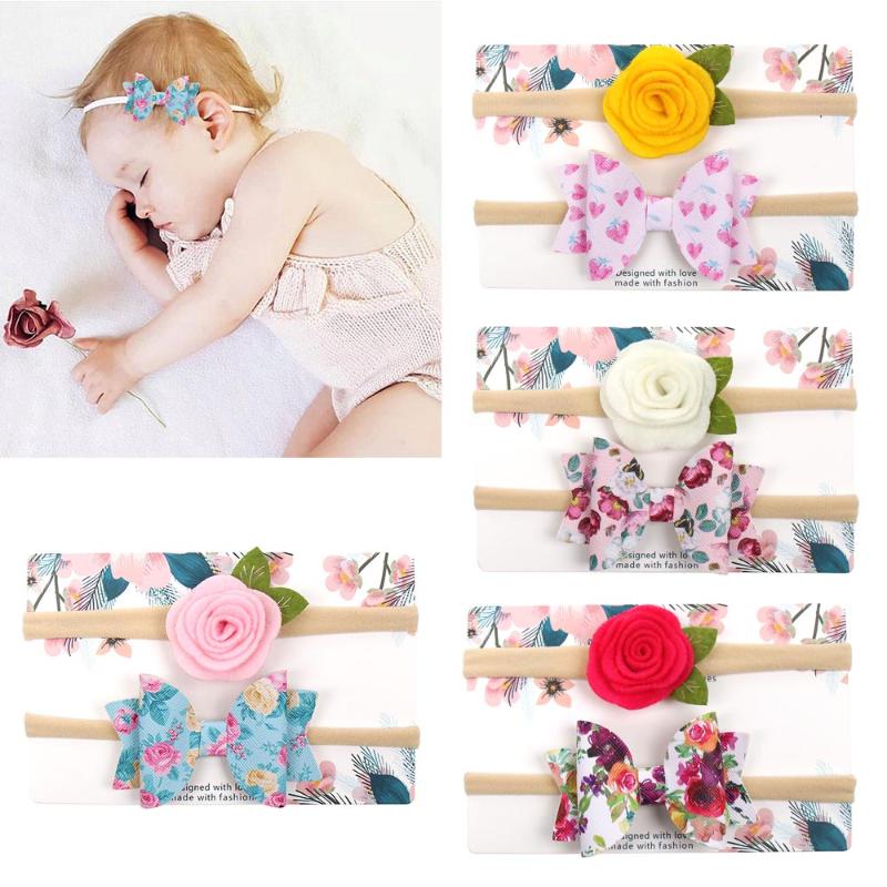 

ncmama 2Pcs/set Nylon Headband for Baby Girls Handmade Leather Bow Felt Rose Flower Head Band Newborn Birthday Hair Accessory
