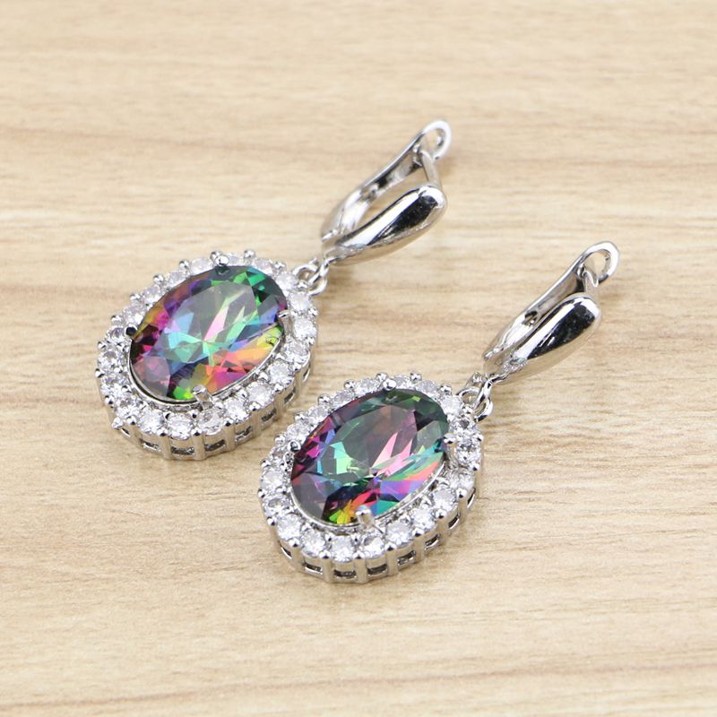 

Oval Mystic Rainbow Cubic Zirconia Dangle Earrings 925 Silver Jewelry Drop Earring For Women Free Gifts Box