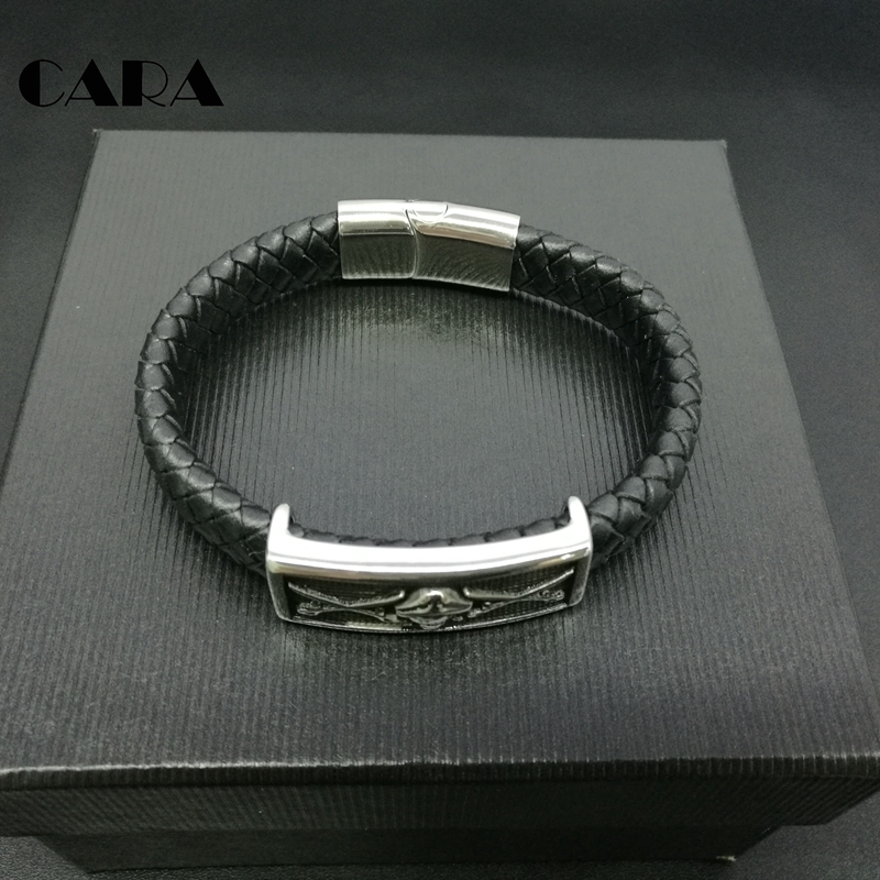 

2020 pirate 316L Stainless Steel Bangle Men Leather Cord Bracelet&Bangle Black Color Leather Bracelet For Men Wristband CARA0051