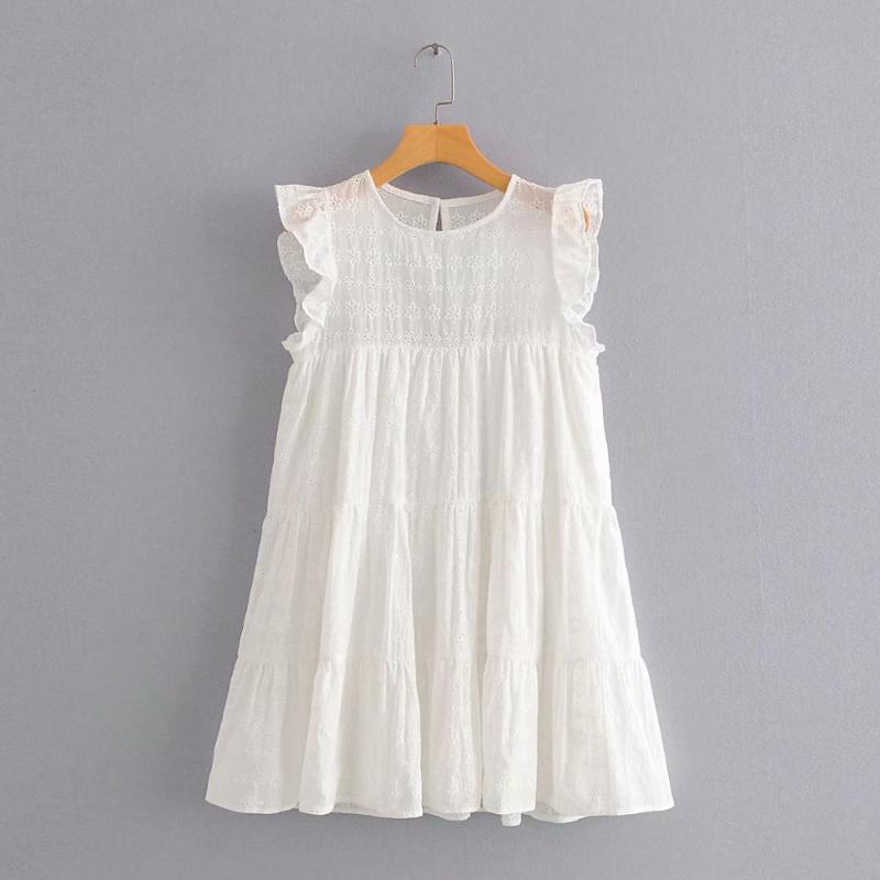 

New women sweet ruffles hollow out embroidery white mini dress chic female o neck sleeveless casual vestido party dresses DS3708, As pic ds3708dwdd