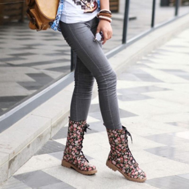 

New Plus Size Women Boots Colorful Printed Retro Ethnic Style Boots Ladies Lace Up Flat Shoes Medium Tube Fashion Footwear, Pink
