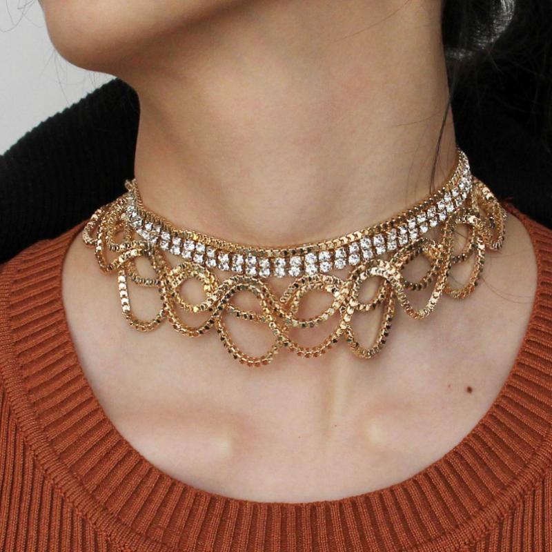

UKEN Simple Design Rhinestones Bib Collar Statement Necklaces For Women Chain Tassels Choker Necklace Maxi Jewelry Trendy