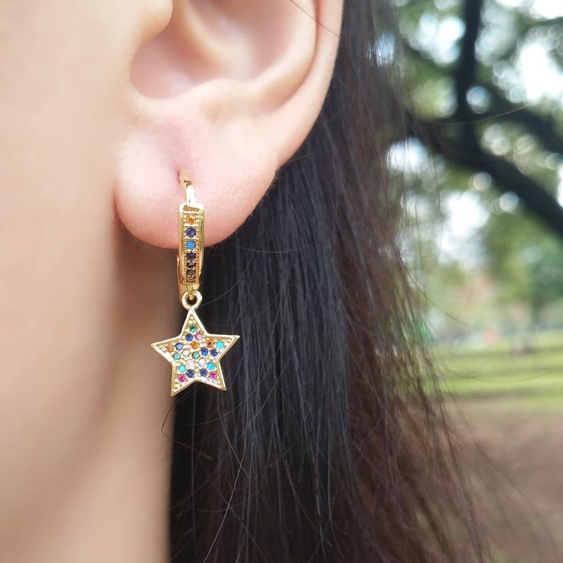 

Shiny Cute Star Earrings Small Gold CZ Plated Pave Earring Circle Jewellery Girl pendientes estrella Cubic Zirconia Ear Hoops