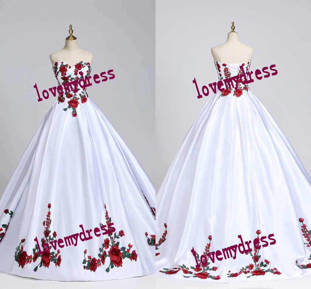 

White Satin Charro Quinceanera Dress 2021 Vintage Ball Gowns For Formal Women Red Green Floral Lace Prom Graduation Sweet 15 Dress Long