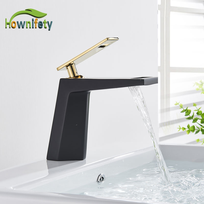 

Gold Black Basin Faucet hot Cold mixer Tap waterfall bathroom Faucets Hollow Design Single Handle Switch modern Model