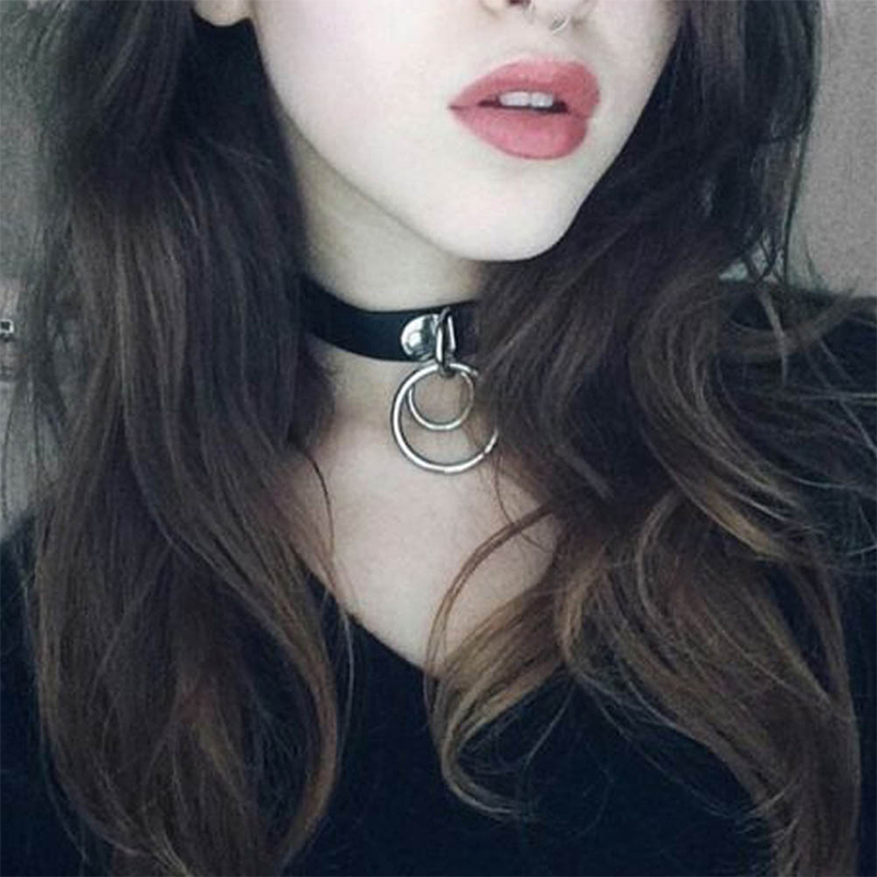

Chokers Double O-Round Charm Choker Necklace For Women PU Leather Chocker Handmade Metal Collar Punk Gothic Fashion Jewellry