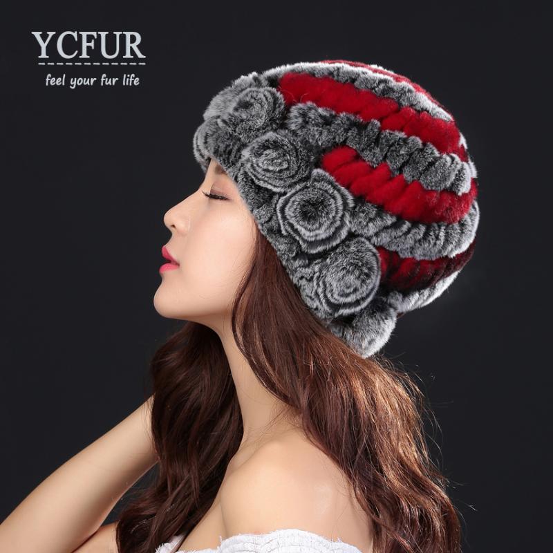 

YCFUR Fashion Women's Hats Caps Winter Handmade Knitted Real Rex Fur Beanies Hats Female Soft Warm Cap For Lady, Brown