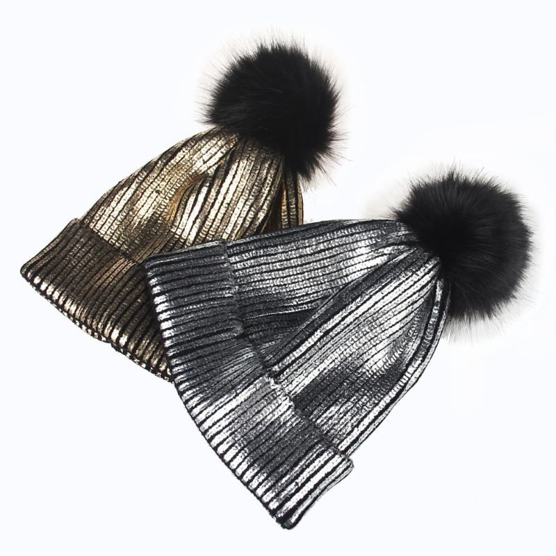 

B178274 New Style Hot Sale Metallic Striola Kniting Acrylic, Keep Warm POMPOM Women Beanie Hat, As img