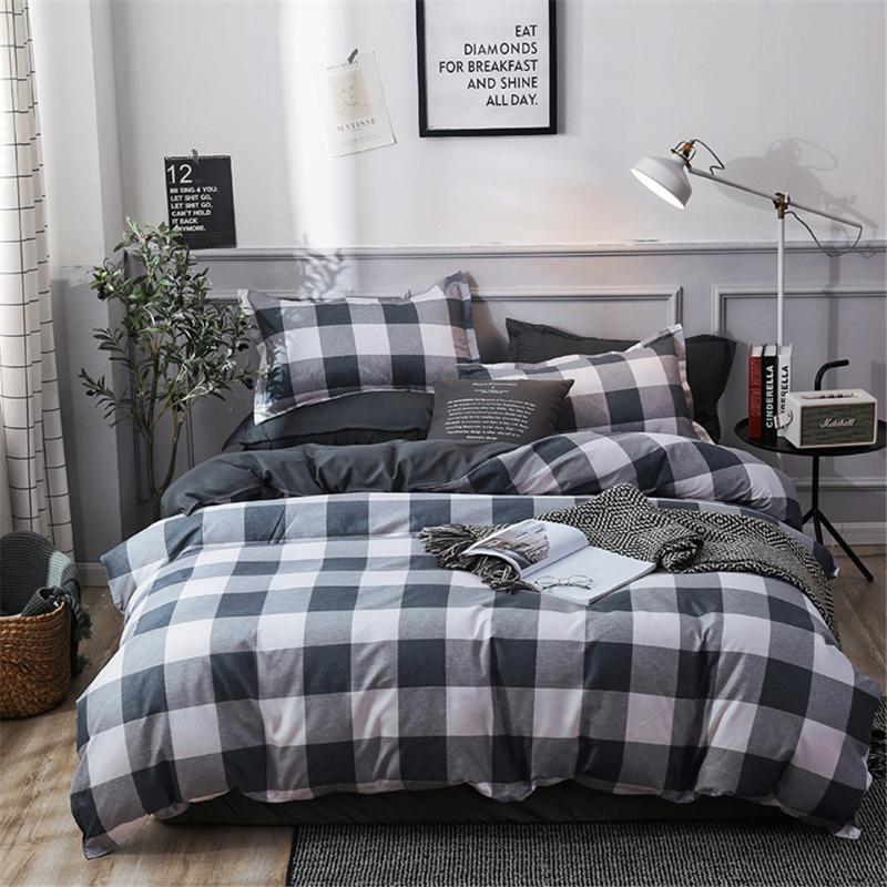 

Gray White Plaid Duvet Cover Bed Sheet And Pillowcase Geometric Print Bedding Set Single Double For Kids Boys Man Bed Linen, As picture