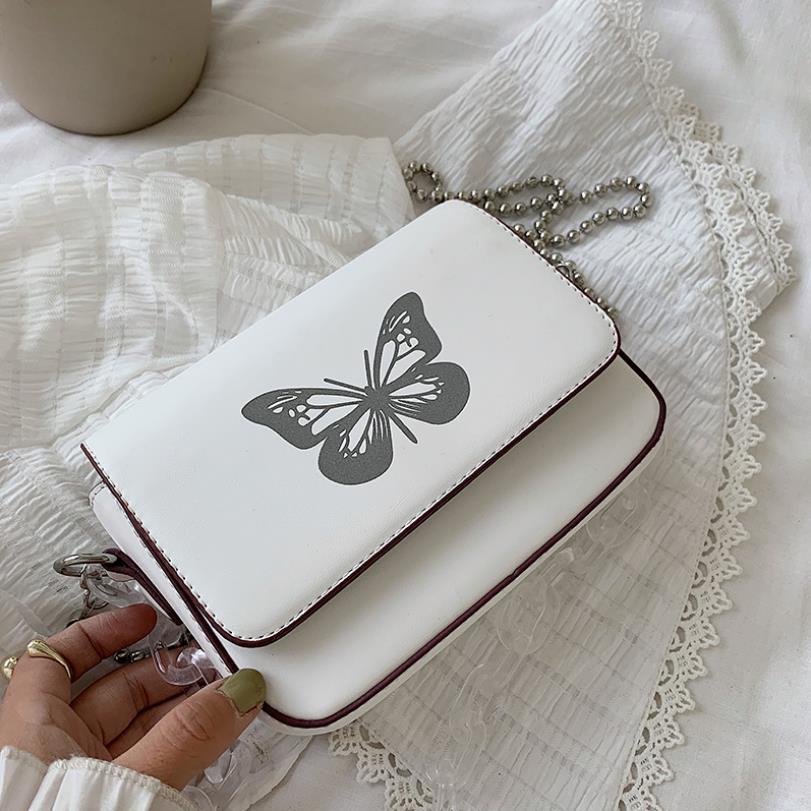 

Woman Bags 2020 New Acrylic Transparent Thick Chain Small Square Bag Reflective Butterfly Single Shoulder Messenger Bag, White