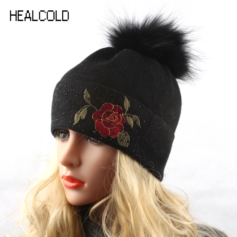 

Flower Embroidery Beanie Winter Women Hat Real Fur Pompom Beanies For Ladies Rhinestones Diamond Skullies Cap, Khaki