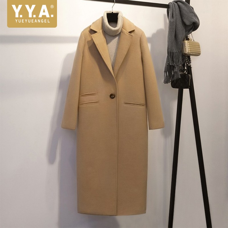 

Winter Elegant Fashion Slim Fit Long Woolen Coat Women Streetwear Single Button Lapel Overcoat Korean Warm Outerwear Female, Black