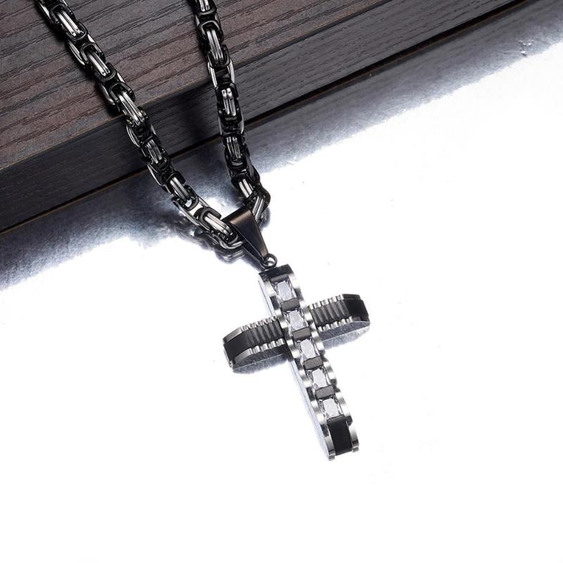 

Christian Jesus Cross Crystal Pendant Necklaces Thick Link Byzantine Chain Stainless Steel Men Jewelry Collar Gift 8-36