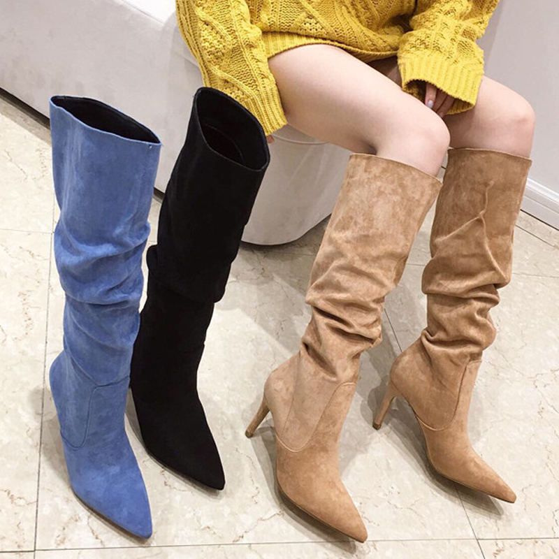 

Women Boots Thin High Heels Ladies Booties Knee-High Winter Autumn Pointed Toe Female Piled Up Boots Fashion Woman Elegant Shoes, Black