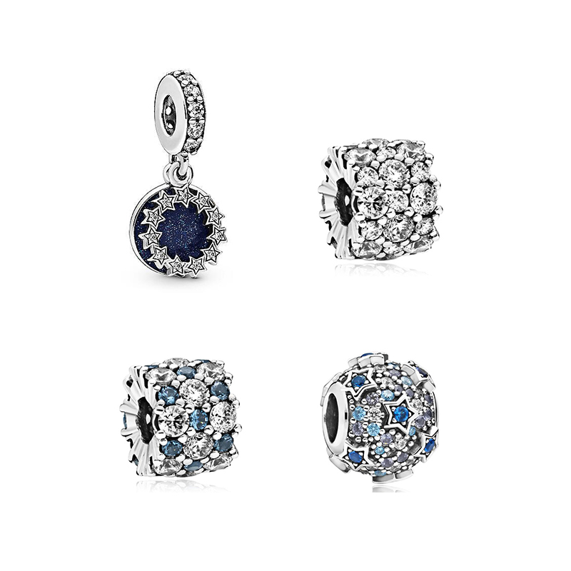 

2020 New Original 925 Sterling Silver Bead Clear Blue CZ Winter Stars Dangle Charm Fit Bracelet Bangle DIY Women Jewelry