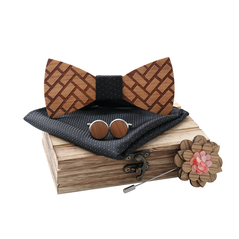 

Classic Wooden Bow Tie Set with Square Box Cufflink Brooch Set Apparel Accessories Wedding Wooden Bow Tie
