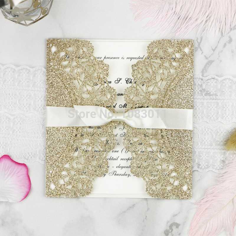 

PONATIA 20 PCS Lace Cut Gold Glitter Flower Pattern Bowknot Ribbons Wed Invitations Cards For Birthday Baby Shower Wedding Invit