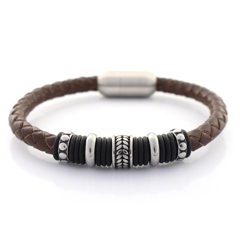 

6MM Retro Genuine Leather Bracelet Never Fade Stainless steel Charms Beads Bangles with Magnet Clasp Bangles