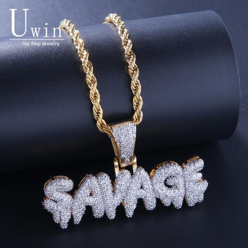 

Uwin SAVAGE Pendant Cubic Zirconia Letters & Chains Fashion Hiphop Gold Color Necklace For Men Jewelry
