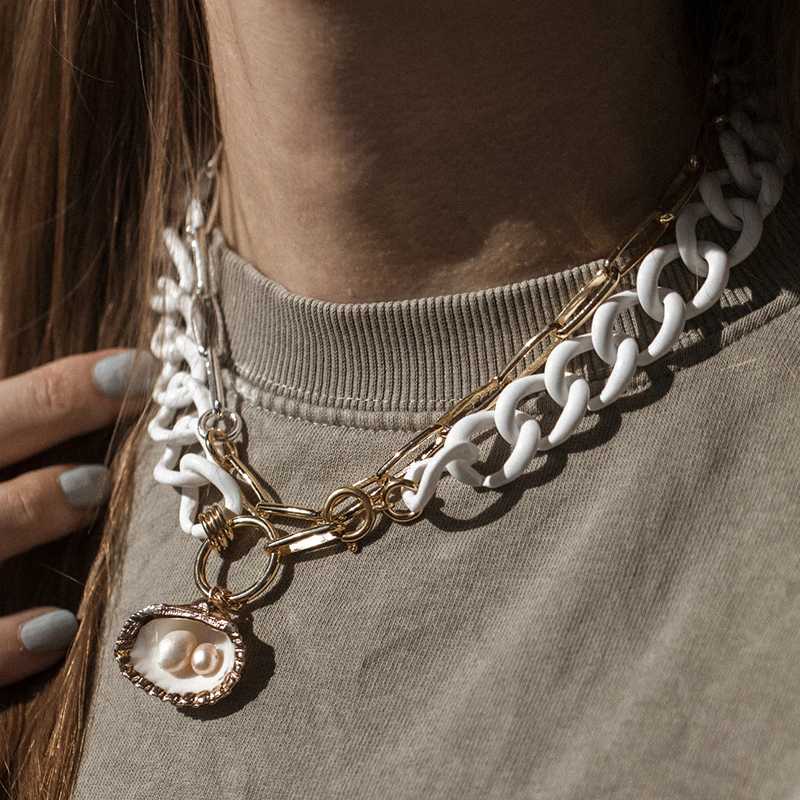 

white print plastic resin necklace spring clasp fan shell pendant necklace bohemian summer jewelry freshwater pearl beads charms