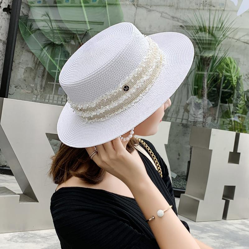 

NEW Letter M Straw Hat Lady Black British Style Cap Beach White Women Flat Top Female Wide Brim Outdoor Sunhat