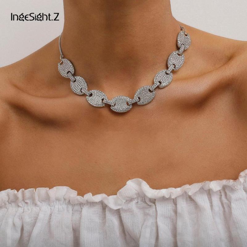 

IngeSight.Z Luxury Shiny Iced Out Rhinestone Choker Necklace Collar Adjustable Bling Crystal Curb Cuban Long Necklaces Jewelry