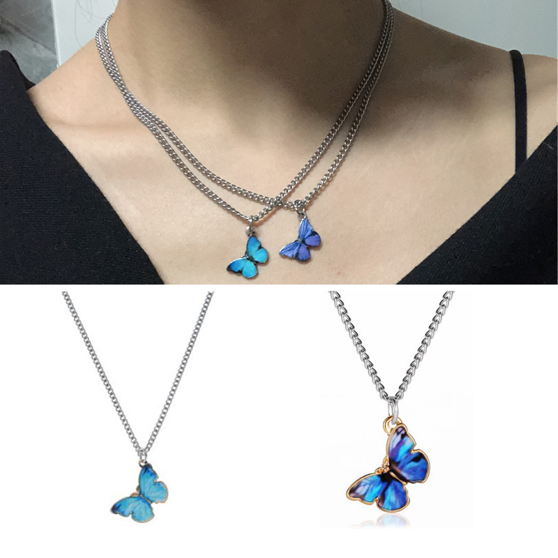 

Cute Ins Blue Purple Butterfly Choker Necklaces Women Harajuku Stainless Steel Collares Punk Hip Hop Gothic Necklace Pendants