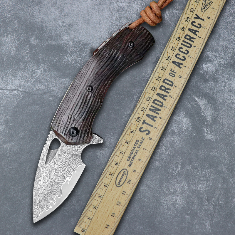 VG10 Damascus Steel Hand Forged Ebony Handle Portable Pocket Knife Outdoor Camping Survival Hunting Self-Defense Multifunctional EDC Tool-image-589129166
