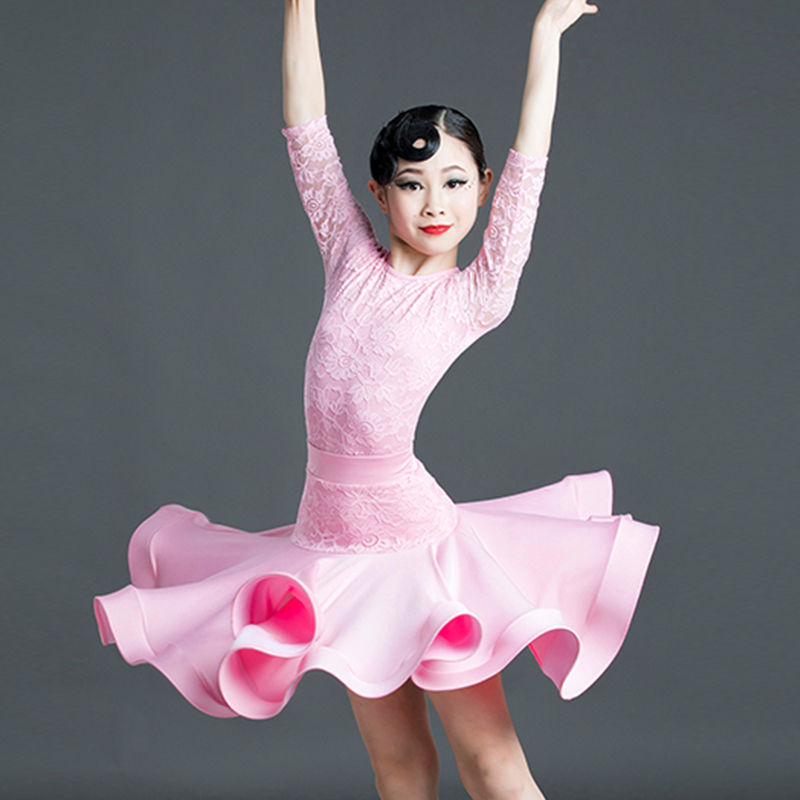 

2020 New Latin Dance Dress Girls Pink Lace Split Competition Costumes Tango Rumba Cha Cha Samba Salsa Children Stage Show Wear