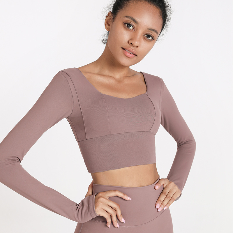 

Sports bra lu yoga outfits gym clothes women tops long-sleeved T-shirt with chest pad solid color tight shirt fitness clothing, Black
