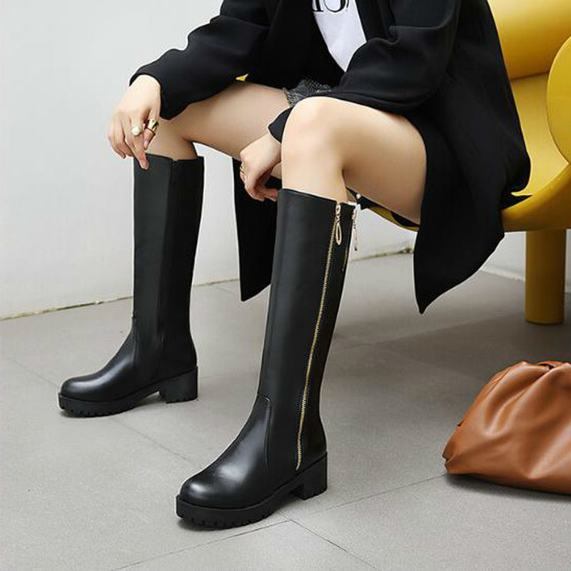 

women knee high boots mid heels shoes woman plus size PU leather gladiator warm shoe chaussures femme zapatos mujer sapato D2051, Black