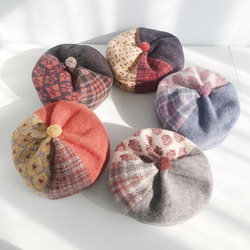 

Women's Winter Beret Hats Wool Girl's British Vintage Artist Painter Hat Woman Winter Autumn Wool Octagonal Cap Patchwork, Black