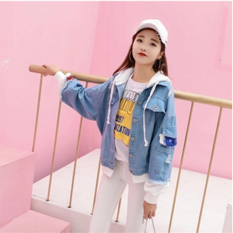 

Women Hole Short Embroidery Denim Jacket Women Loose Solid Korean Denim Jacket Coat Winter Women' Retro Trend Fashion Wear Lady, Blue