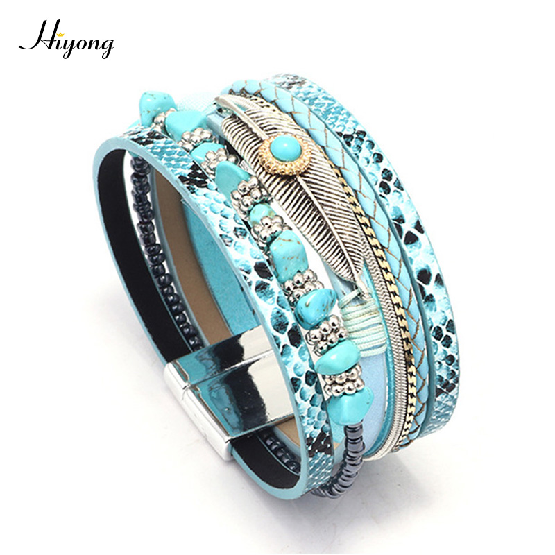 

Wrap Bracelets for Women Multilayer Leather Bracelets with Natural Stone Beaded Feather Jewelry Bohemian Bangles Mother Girls