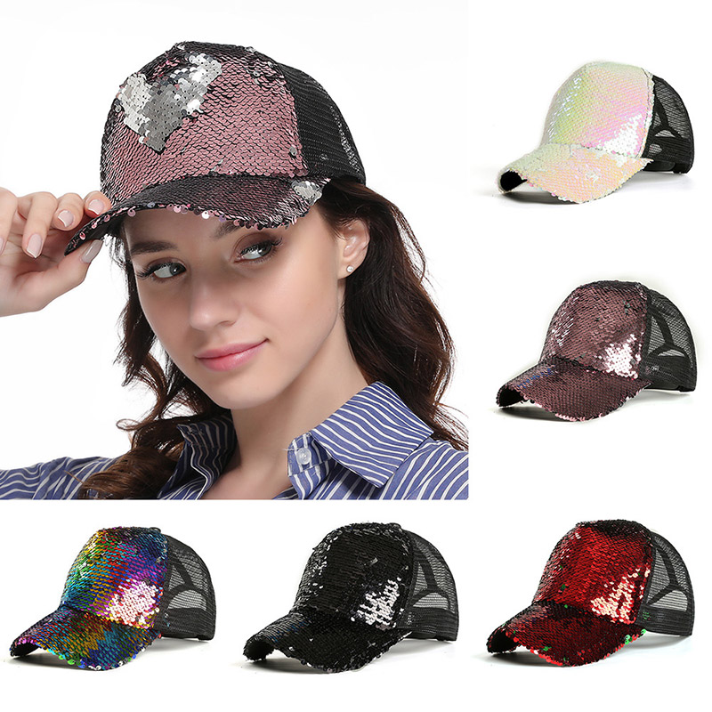 

Summer Couple Baseball Caps Adjustable Sequins Mesh Cap Sun Hats Women Mermaid Sequins Snapback Mesh Casual Hip Hop Hats, White