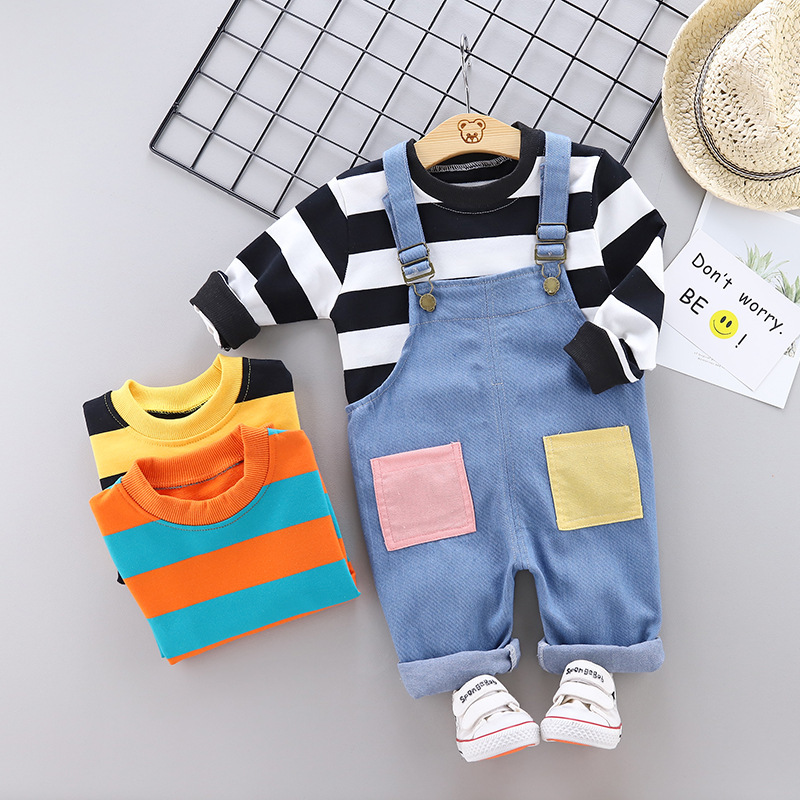 

New Kids Clothes Baby Boys Costume Leisure stripe Tops denim overalls Children autumn Boys Outfits girls Set infantil Newborn, As picture