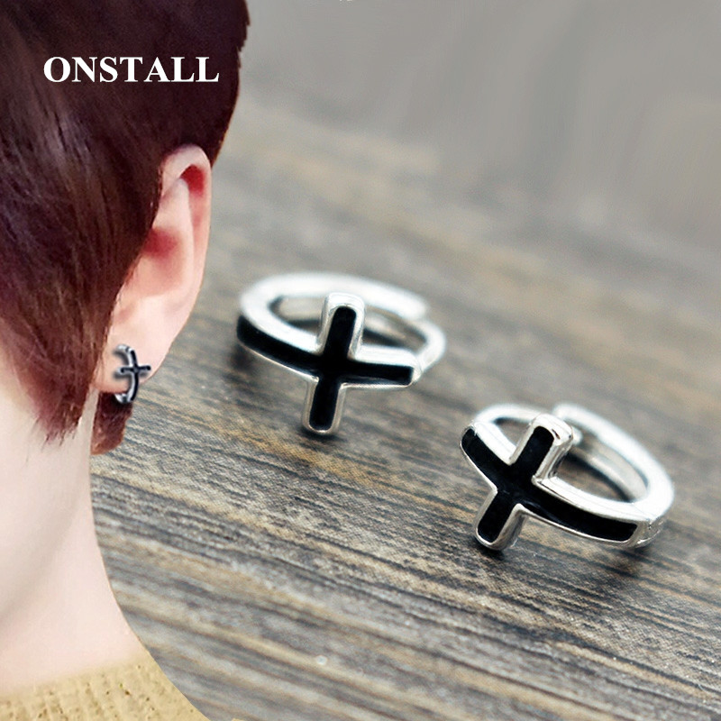 

ONSTALL 925 Silver Ear Clip Female Fashion Earrings Small Black Mens Women White Punk Rock Ear Ring Cross Male Earrings