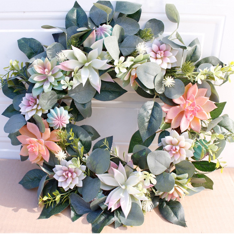 

40cm Artificial Succulent Flower Wreath Garden Hanging Wreath for Home Wall Front Door Wedding Decor, As shown