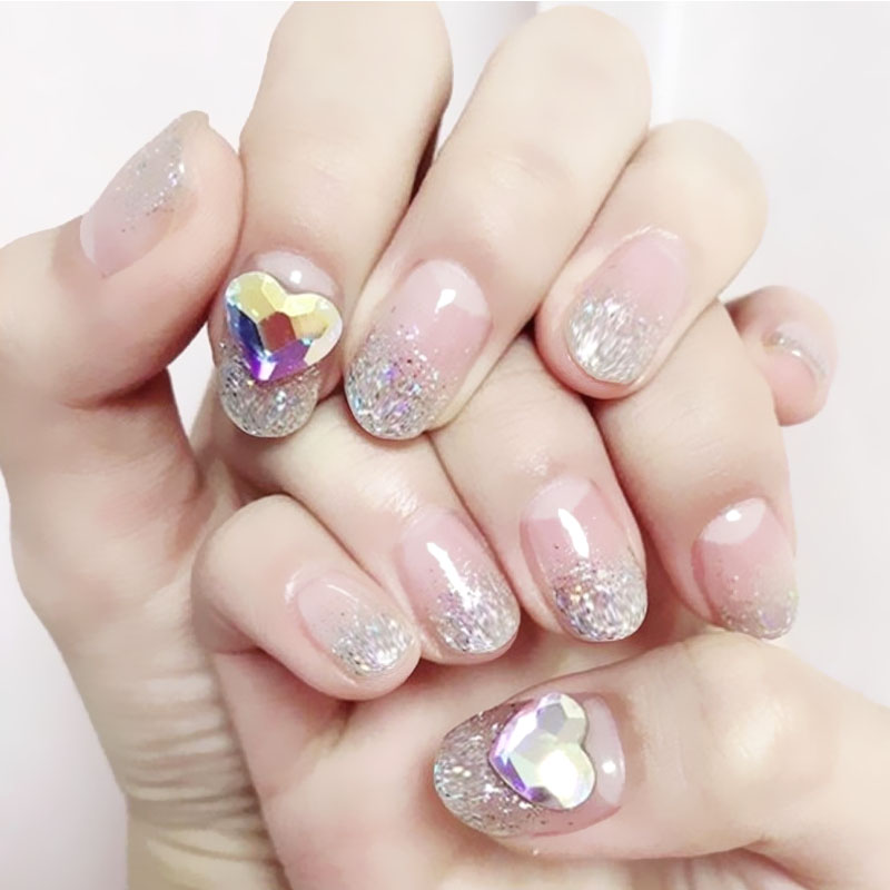 

24Pcs/box finished Products full cover fake nails press on Charming Shiny Love Heart Crystal 3D Nail tips with Glue for girls, As shown