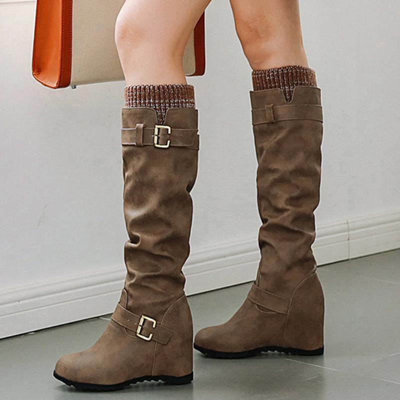 

Women's Slip-On Wedges Knee-High Long Boots Buckle Strap Solid Color Bare Boots Square Heel Casual Middle Booties botas mujer, Khaki